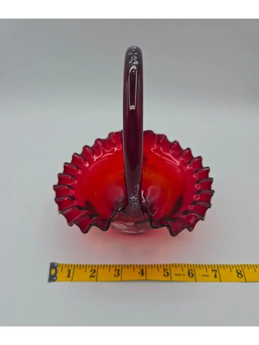 Vintage Fenton Ruby Red Hand Painted Flower Ruffled Art Glass Basket Signed